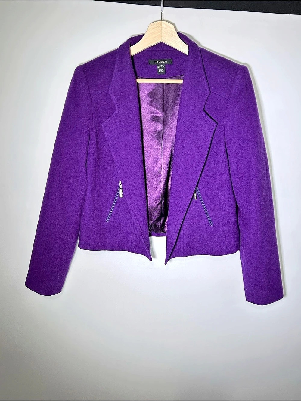 Louben Purple Wool Cashmere Cropped Blazer Jacket Size 4 Made in Canada Like New
